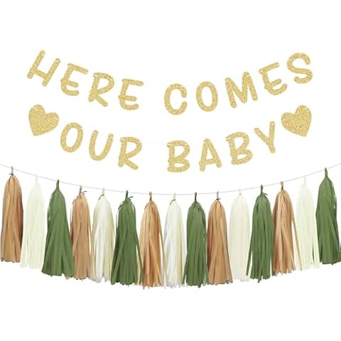 Aonor Here Comes Our Baby Banner and Sage Green Tassel Garland for Woodland Baby Shower Decorations Cover