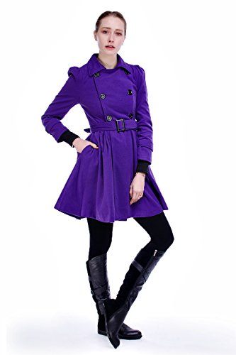 Image of ForeMode Women Swing Double Breasted Wool Pea Coat with Belt Buckle Spring Mid-Long Long Sleeve Lapel Dresses Outwear (Small, Purple)