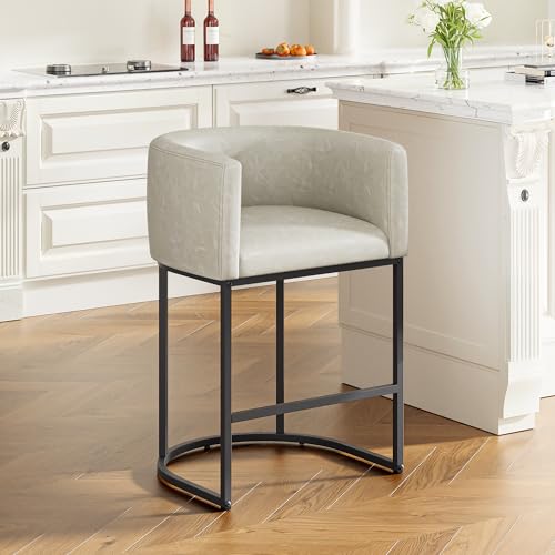 Image of 26 inch H Counter Height Bar Stools Set of 1, Modern Barrel Counter Stools with Backrest and Arms, Faux Leather Upholstered Accent Barstools for Kitchen Island,Support 450 LBS (Grayish White)