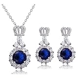 AILUOR Crown Sapphire Jewelry Set, Fashion Wedding Bridal Silver Blue Crystal Gemstone Pendant Necklace and Stud Earrings Set for Women (Blue)
