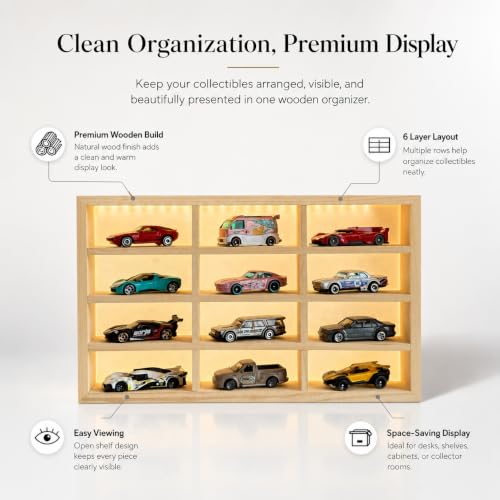 Image of FANCY THINGS Wooden Diecast Car Display Case with LED Lights - 12 Slot 1:64 Scale Model Car Organizer, Mini Vehicle Showcase Shelf for Collectors & Car Lovers, Diecast Cars Included WC