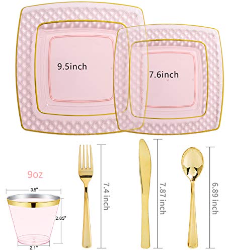 Nervure 150Pcs Pink Plastic Plates - Pink Gold Square Plastic Plates Include 50 Plastic Plates, 25 Cups, 25 Forks, 25 Knives, 25 Spoons For Wedding & Party #TOP1