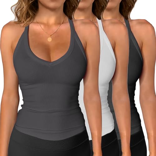 iGENJUN Women Workout Tops for Women Racerback Tank Tops 2025 Yoga Gym Ribbed Sleeveless Shirts Clothes,S,BlackWhiteGray