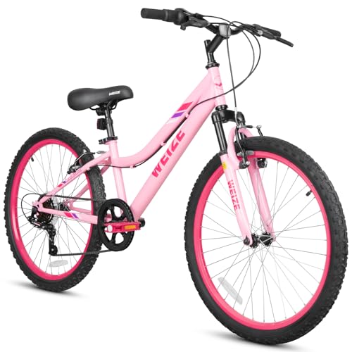 WEIZE 24 Inch Kid Mountain Bike,Kid Bike for Girls Age 6-14 Year Old,6 Speed Kid Bicycle with Front Suspension Fork,Adjustable Seat Height,High-Carbon Steel Frame,Ideal for Girl Adventurers,Pink