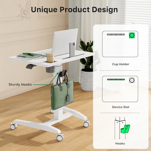Image of Gibbon Mounts Glass Mobile Rolling Standing Desk on Lockable Wheels, White