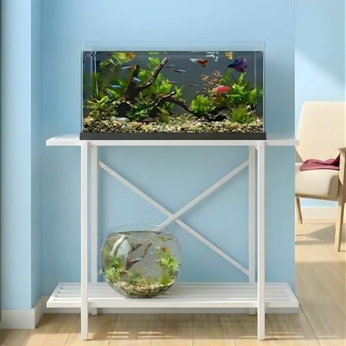 Image of ecofynd 2-Tier Fish Tank Stand, Double-Layer Aquarium Stand with Adjustable Table Feet, Heavy Metal Storage Rack Suitable for Home and Office, (White, FS-PS049)