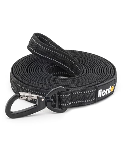 lionto Schleppleine für Hunde, 15 m, gummierte Leine mit Handschlaufe und 360° Metallkarabiner mit Sicherheitsverschluss, reflektierende Hundeleine aus robustem, wetterfestem Nylon, schwarz