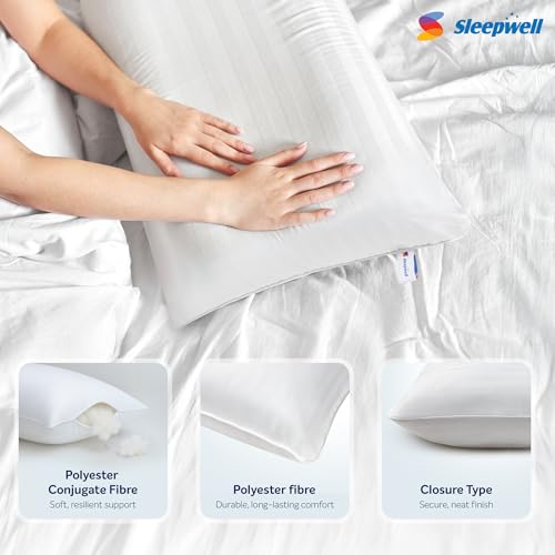 Image of Sleepwell Huggs Classic Soft Fibre-fill Pillow |White| Hand Washable | Polyester Satin Stripes | Sewn Seam | Polyester Conjugate Fibre | Lightweight & Vacuum | Medium Soft | 27 x 17 Inches | Pack of 1