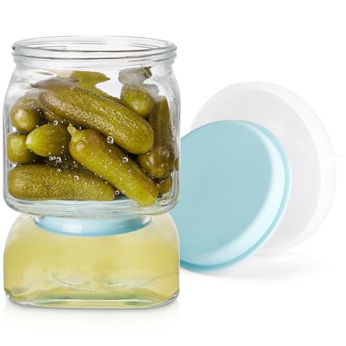 Glass Pickle Jar with Strainer Flip,46 FL OZ Pickle Flip Jar With Double Leak Proof,pickle container with strainer for olives, pickles, gherkins, jalapeños and other pickled foods-Dishwasher Safe-Blue