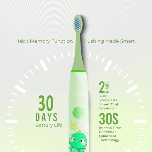 Image of Obvie Sonic Electric Kids Toothbrush with 4 Brushing Modes, 19000 Strokes per minute, IPX7 Waterproof, Soft Nylon Bristles, Rechargeable Battery, Electric Power Tooth Brush, 3 Heads (Green)