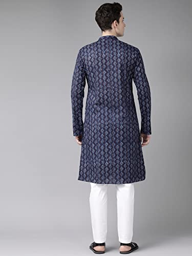 Image of See Designs Blue & White Cotton Regular Fit Mandarin Collar Printed Kurta Set
