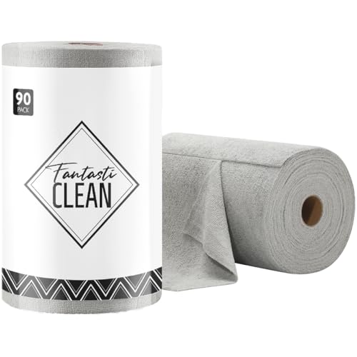 Fantasticlean Microfiber Cleaning Cloth Roll -90 Pack, Tear Away Microfiber Towels, 12" x 12", Reusable, Washable, Lint Free, Ultra Absorbent Dishcloth for All-Around Cleaning Supplies (Grey