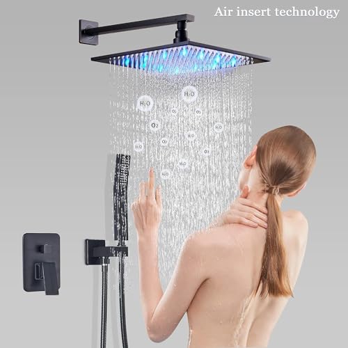 Suguword-Shower-Faucet-Set-Matte-Black-Rain-Shower-System-with-12-Inch-LED-Square-Rainfall-Shower-Head-and-and-Handheld-Spray-Luxury-Bathroom-Shower-Faucet-Sets-Complete-Combo-Set-Wall-Mounted