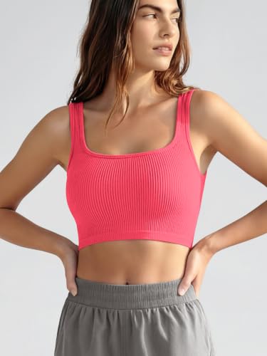 Image of ODODOS 3-Pack Seamless Square Neck Crop Tank for Women Ribbed Knit Soft Low Back Cropped Tops