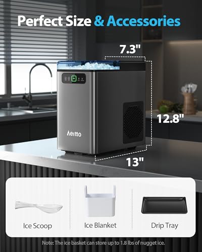 Aeitto Nugget Ice Maker Countertop, Pellet Ice Machine Soft Chewable Ice 40lbs/Day, One-Click Operation, Auto Self-Cleaning Crushed Ice Makers Stainless with Scoop for Home/Kitchen/Office (Grey)