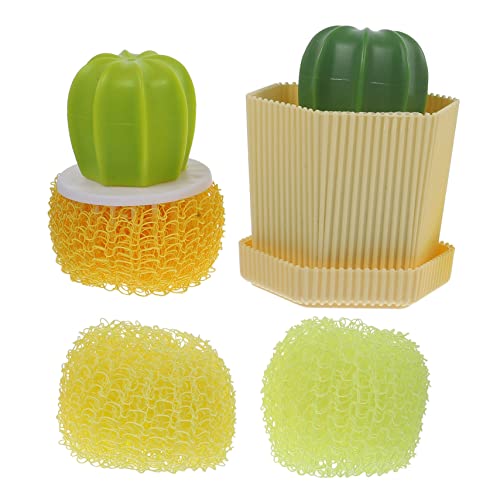 Cabilock 2Sets Creative Cactus Cleaning Brushes of Multi Function Kitchen Bathroom Scrubbers with Ergonomic Handles for Cookware Surface Cleaning