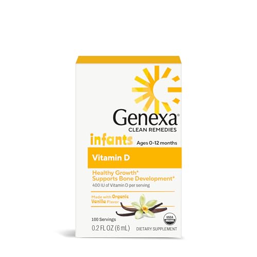 Image of Genexa Infants Vitamin D Liquid Drops for Newborn, Baby & Toddler | Supports Growth & Bone Development | Delicious Organic Vanilla Flavor | Certified Organic, Gluten Free, & Non-GMO | 90 Servings