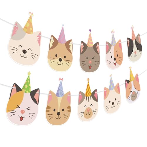 Image of Cat Birthday Banner for Cat Birthday Party Decorations Funny Cats Face Banner Garlands for Kids Girls Boys Party Supplies