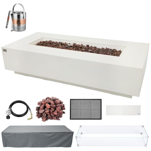 Image of AMS Creations | Savanah 72 inch Bundle Rectangular Cast Concrete Natural Gas Fire Pit Table | Cream White | Smooth Texture Surface | Electronic Ignition | Outdoor Patio Heater Outside Backyard Fireplace