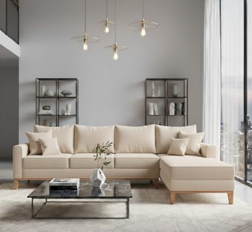 Sofá Beny com Chaise Direita, 2,60x1,40m, 4 Lugares, Linho, Base em Madeira. (Cru)