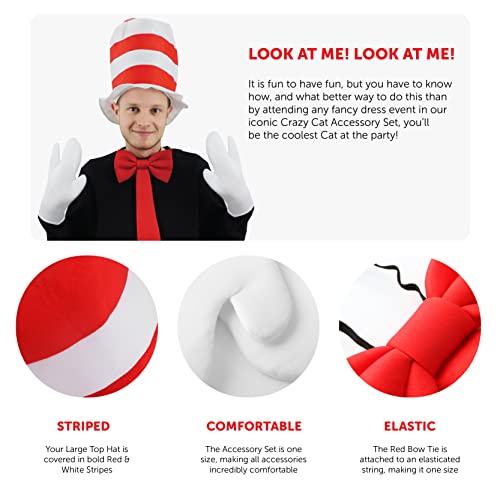 Adults Cat Hat Accessory Set, Red and White Striped Hat, Large White Gloves and Deluxe Red Bow Tie - Image 2