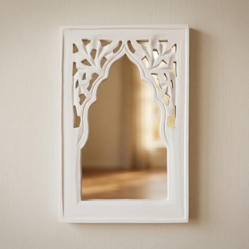 Image of Handcrafted Traditional White Rajasthani MDF Wooden Mirror Jharokha Wall Art | Rajasthani Heritage Boho Style Decorative Wall Hanging (White Rajasthani)