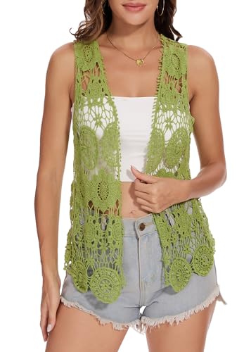 Image of Anna-Kaci Lace Front Open Sleeveless Top Cardigan Crochet Vest Cover up Summer Beachwear