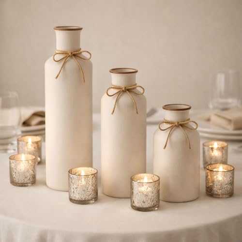 Image of Sphinx White Ceramic Vase Set - 3 Vases, Minimalist Decor Boho Vases, Modern Farmhouse Home Decor Accents, Living Room Centerpieces for Home Decor Room,Entryway, Bookshelf, Mantel, Shelf Decor