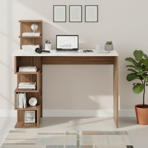 Image of FURNEASER Edward Modern Engineered Wood Study Table with Side Bookshelf Storage | Space-Saving Computer & Laptop Gaming Desk for Home Office | Wooden Writing Desk (Exotic Teak & White)
