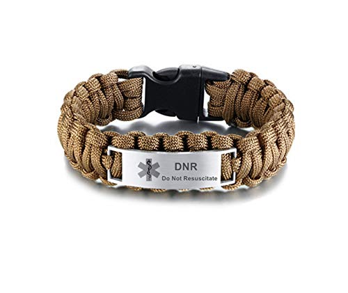 LF Mens Stainless Steel DNR Medical Alert Outdoor Brown Rope Paracord Survival Medical ID Bracelet Sos Emergency Cuff Bracelets for Adult Hiking Camping Hunting Activities,Do Not Resuscitate
