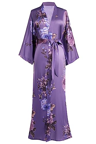 BABEYOND Women's Kimono Robe Long Satin Silky Floral Lightweight Bridesmaid Wedding Bachelorette Party Robe