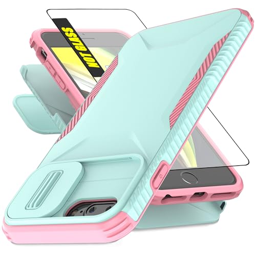 AWZHYDT for iPhone 8 Plus iPhone 7 Plus Case with 1 HD Screen Protector & Slide Camera Cover[Military-Grade]Phone Case Heavy Duty Rugged Shockproof Protective Cover for iPhone 8 /7 Plus 5.5-Cyan/Pink