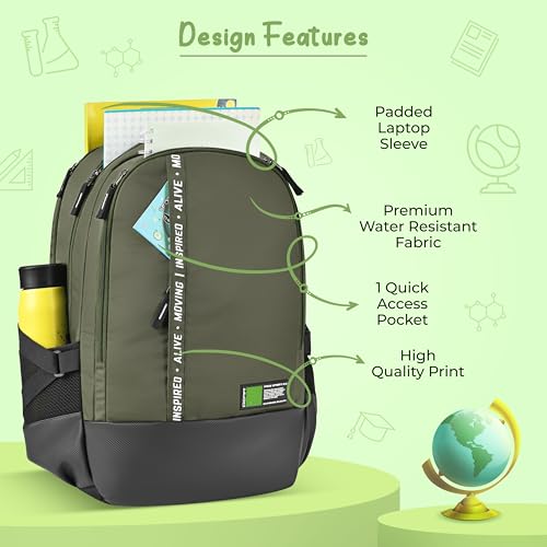 Image of Gear Inspired 19 inch /36L Large Water Resistant School Bag | Casual Backpack | Daypack | Travel Backpack | Kids Bag for Boys /Girls (Olive - Black)