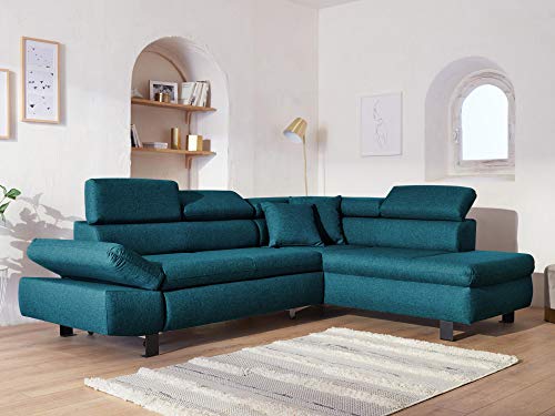 Lisa Design - Canapé d'angle Convertible Nairobi - Canapé 5 Places, en Tissu - Têtières Réglables - Fabriqué en Europe - Droit, Bleu Canard