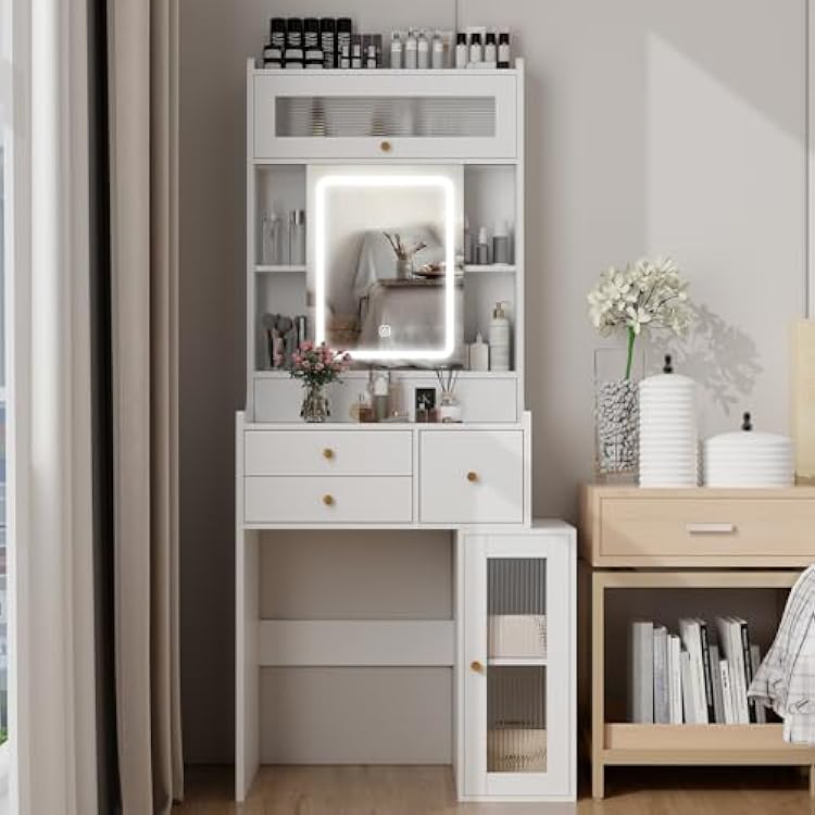 ARTETHYS Small Vanity Desk with Sliding Mirror and Lights White Makeup Vanities Set with Drawers Compact Dressing Table with Cabinet and Adjustable Shelves for Bedroom