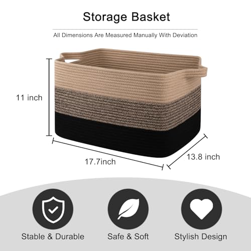 Image of OIAHOMY Large Blanket Basket, Rectangle Woven Baskets, Nursery Blanket Storage Living Room, Toy Storage With Handle, Large Baskets for Organizing-17.7 inchx13.8 inchx11 inch-Yellow Black