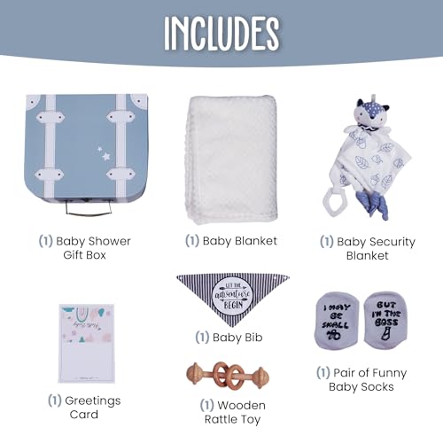 Baby Shower Gifts Set | 7 Pieces Baby Gift Box for Infant Boy or Girls 0-12 Months | Cute Baby Shower Gift' with Newborn Blanket, Security Blanket, Wooden Rattle Toy, Baby Bib and Socks, Greeting Card - Image 3