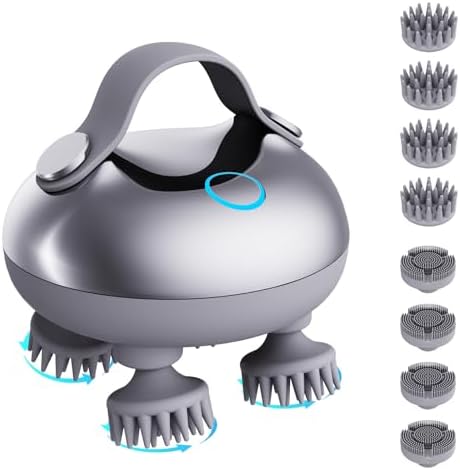 Electric Scalp Massager Hair Growth, IPX7 Waterproof Rechargeable Head Massager Scalp Stress Relax, Portable Handheld Hair Scalp Massager with 8 Removable Massage Claws(Silver)