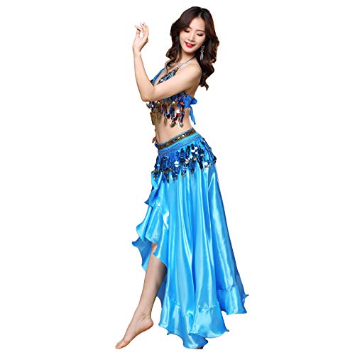 Belly Dance Satin Skirt Split Side Long Skirts Shiny Dance Skirt Festival Performance Clothing For Women (Sky Blue) #TOP3