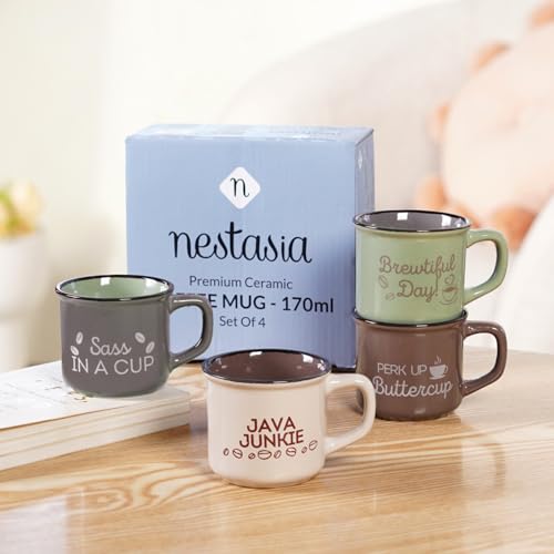 Image of Nestasia Ceramic Stackable Cups Set of 4 (170ml Each) - Quirky Quotes Tea & Coffee Cups with Glossy Finish | Microwave & Dishwasher Safe Mugs - Ideal for Gifting (Colourful)