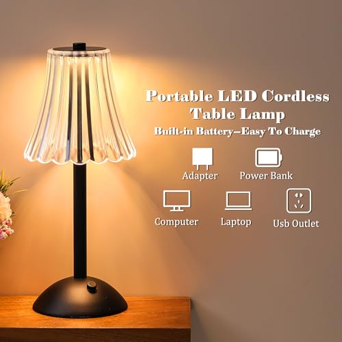 Image of Liliful 4 Pcs Cordless Table Lamp Rechargeable Touch LED Small Gold Portable Battery Operated USB-c Desk Lamp 3 Color Dimmable for Bedroom Living Room Dining (Black,Rose Style)