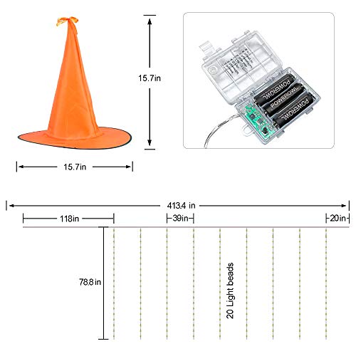 Halloween Decorations Outdoor - 8PCS IP67 Waterproof Hanging Witch Hat String Lights w Timer Battery Operated - Halloween Lights Outside Decor for Tree Porch Patio Garden Yard Party Home