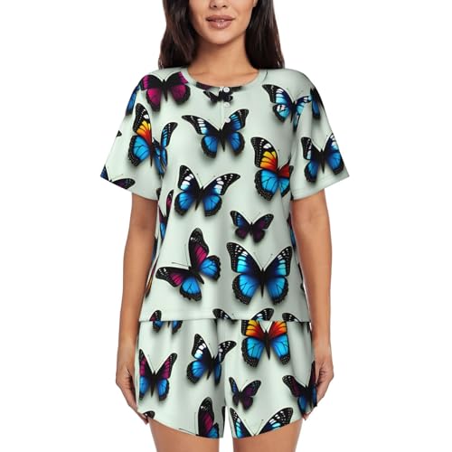Pijama de manga corta para mujer con estampado de mariposa y violonchelo ligero