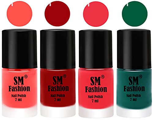 Image of Nail Polish Combo Set (Pack of 4) Quick Dry Gel Finish Nail Paint | Baby Pink,Light Red,Rose Pink,Green | 7 ml Each