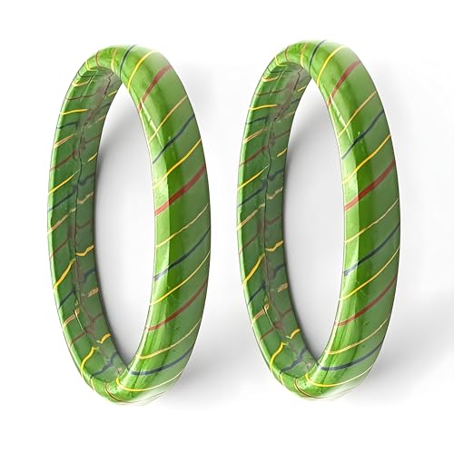 Image of Traditional Rajasthani Lac Bangles for Women and Girls, Jaipuri Lahariya Design Lakh Lah Kada, Multicolor Striped Pattern, Red Green Maroon Sky Blue Pink Purple Yellow Grey Set of 2