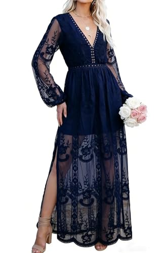 Image of LRISES Womens V Neck Floral Embroidered Lace Wedding Maxi Dress Boho Short Sleeve Slit Bridesmaid Evening Party Dresses