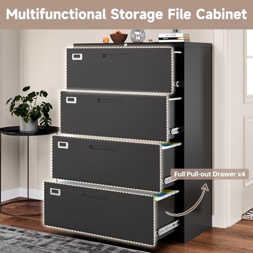 AFAIF 4 Drawer Lateral File Cabinet with Lock, Metal Filing Cabinets for Home Office, Wide Locking File Caninets, Black Office Storage Cabnet for Hanging Letter/Legal / A4 / F4 - Assembly Required - Thumbnail 7