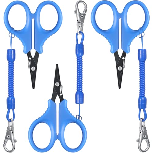 3 Pieces Fishing Scissors, Stainless Steel Fishing Line Cutter Portable Braided Line Cutter with Titanium Coating Fishings with Hook and Retractable Coil Lanyards Accessories(Blue)