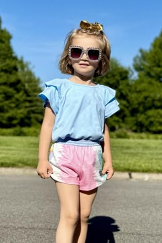 Image of Girls T Shirts Ruffle Short Sleeve Round Neck Loose Blouse Summer Solid Color Casual Girl Tee Tops for 3-12 Years