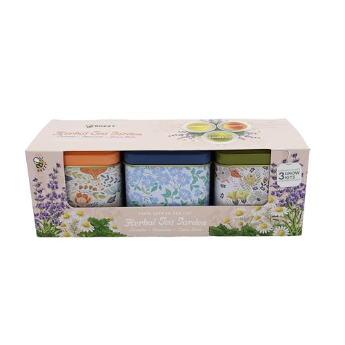 Buzzy Seeds Herbal Tea Garden Grow Kit 3-Pack - Metal Windowsill Planter - Complete Indoor/Outdoor Gardening Kit with Seeds Coconut Husk Growing Medium & Genuine Pots - 100% Grow Guarantee